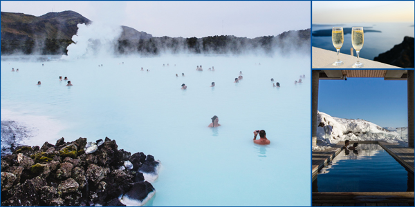 <span>Rest & Relaxation:</span> The Blue Lagoon Geothermal Spa near Grindavík, Iceland; two glasses of champagne; and hotel guests in a heated pool.