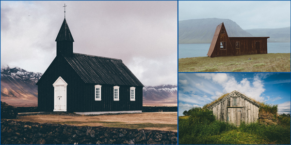 <span>Icelandic Shelter:</span> The Black Church of Búðir; an abandoned house in Westfjords; and a turf house at the Árbær Open Air Museum, Reykjavík.