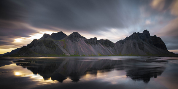 <span>Midnight Sun:</span> Summer at Vestrahorn Mountain; located in the Arctic Circle, Icelandic summers are in near 24/7 daylight, with winters in near 24/7 darkness.