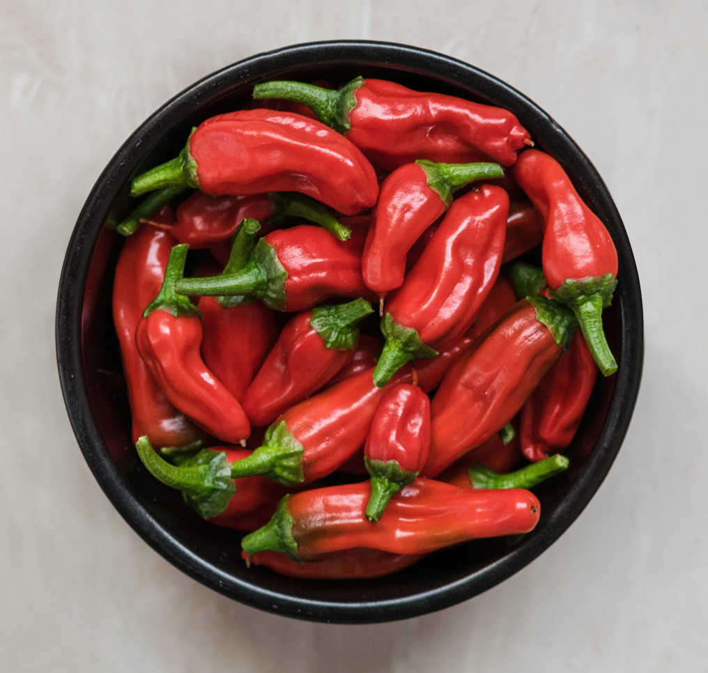 closeup, bowl of red chili peppers